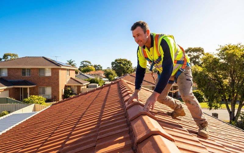 Professional roofer inspecting a Perth home roof