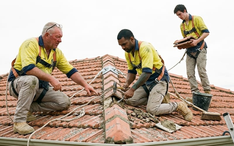 Three Roof Repairs Perth tradesmen re-bedding a ridge line on a Perth tiled roof, harnesses roped to a bolted roof anchor