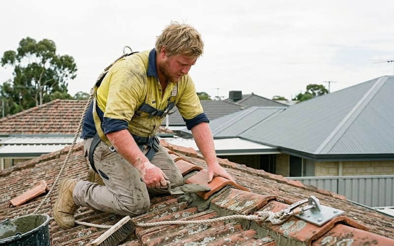 Professional roofer inspecting a Perth home roof