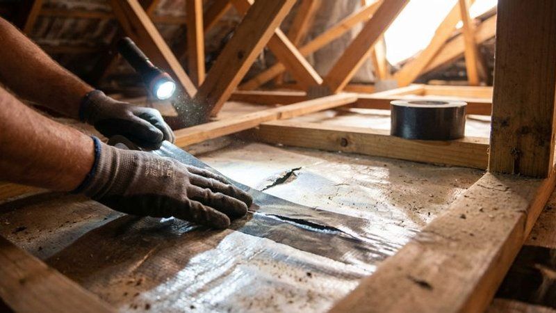 Hands applying waterproof roofing tape to seal a crack as a temporary roof leak fix