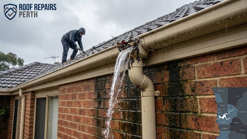 Blocked downpipe on a Perth home overflowing at the gutter connection point during heavy winter rainfall causing wall staining