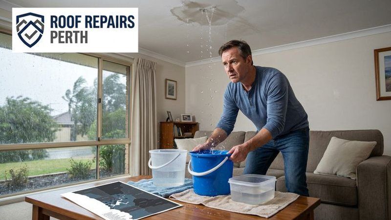 Buckets placed beneath an active ceiling leak inside a Perth home during heavy rain
