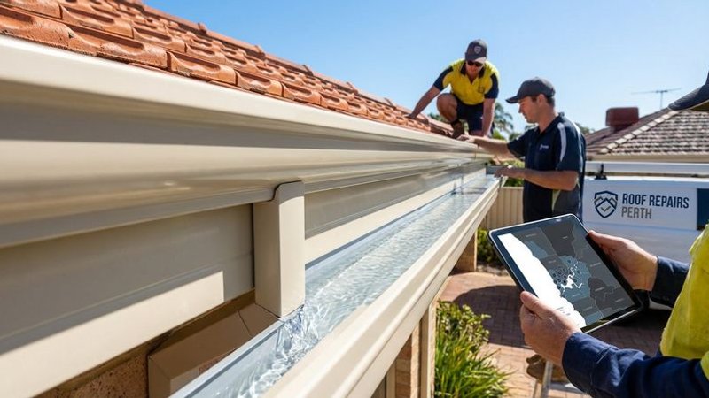 Clean gutter with clear water flow after professional gutter cleaning service on Perth home