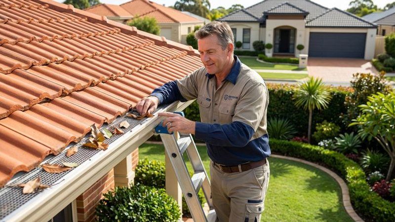 Perth homeowner inspecting clean gutters protected by mesh gutter guards with no debris visible