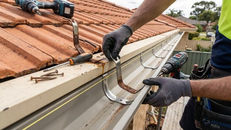 Close-up of a gutter bracket being replaced on a Perth home to correct sagging and restore proper water flow angle