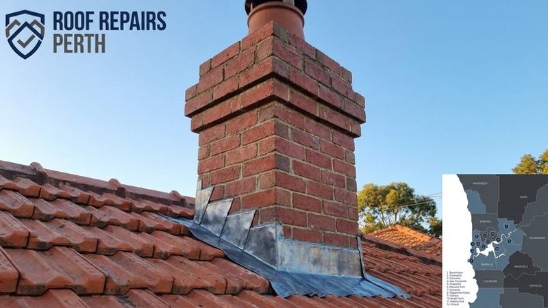 Completed chimney flashing replacement using lead step flashing on a Perth brick chimney with terracotta tile surrounds
