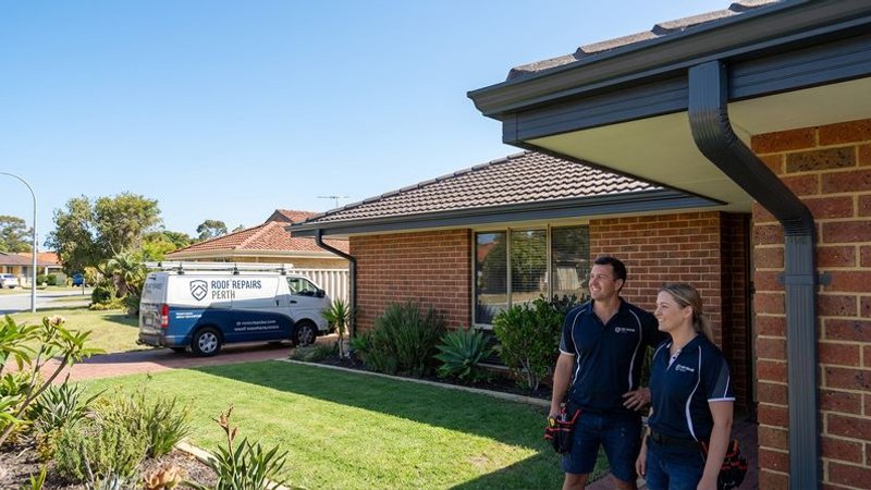Completed gutter replacement showing new Colorbond gutters and downpipes on a Perth home