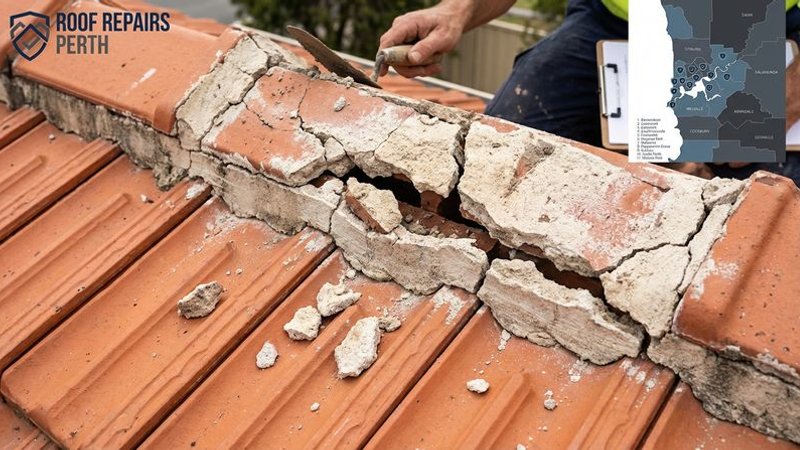 Crumbling mortar along a ridge cap line on a Perth terracotta tiled roof showing visible gaps