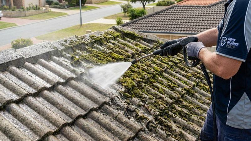 High-pressure water jet cleaning dirt and moss off concrete roof tiles on a Perth suburban home