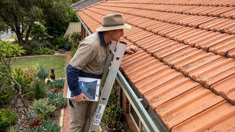 Homeowner inspecting roof tiles from a ladder during a routine seasonal maintenance check in Perth