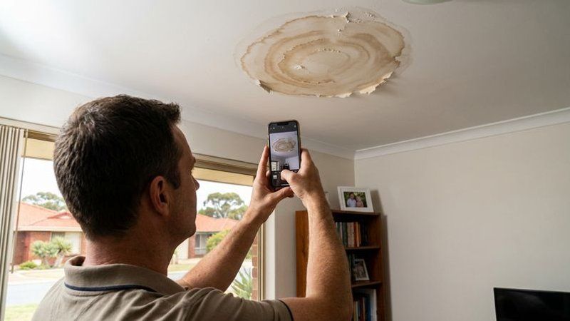 Homeowner photographing ceiling water damage on a phone to document a roof leak for insurance
