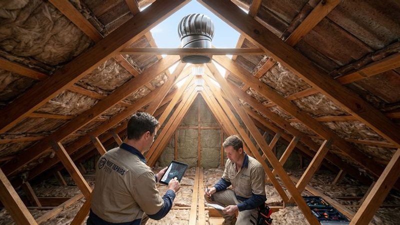 Interior view of a cool well-ventilated Perth home attic space with visible whirlybird vent opening above