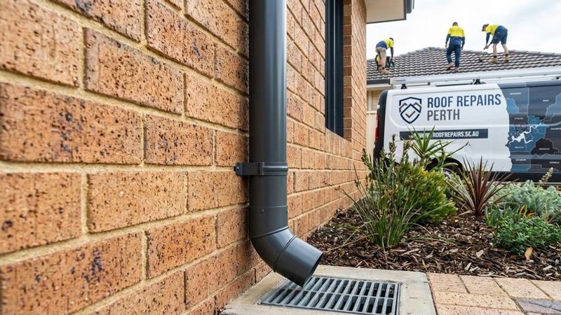 New Colorbond downpipe installed on a Perth home wall with proper brackets and secure connection to stormwater at ground level