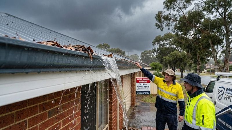 Close-up of overflowing gutter during heavy Perth rain with water cascading over the edge