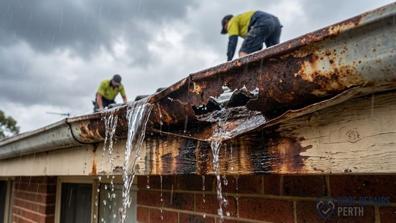 Overflowing rusted gutter on a Perth home during rainfall with water cascading down the fascia board and brick wall