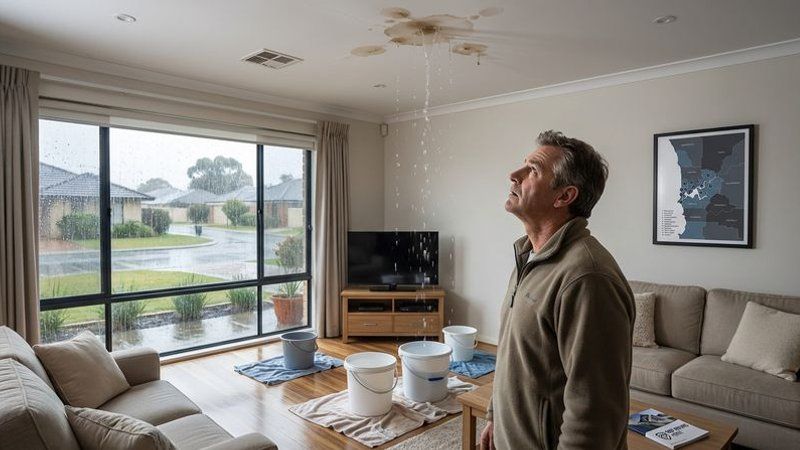 Interior of a Perth home with buckets placed under ceiling drips during heavy rain storm water entry