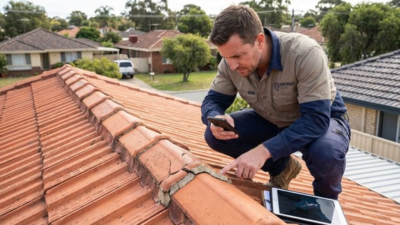 Perth roof inspector examining ridge capping condition on a terracotta tiled roof while documenting findings with photographs