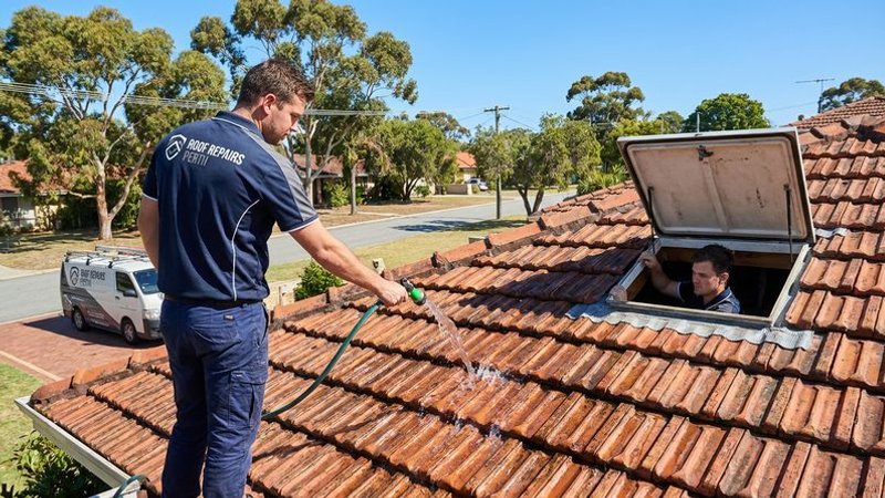 Perth roof plumber conducting a methodical water test on a tiled roof to locate the exact source of a persistent leak