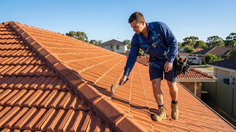 Perth roof plumber conducting a routine maintenance inspection on a terracotta tiled roof checking tiles and ridge capping