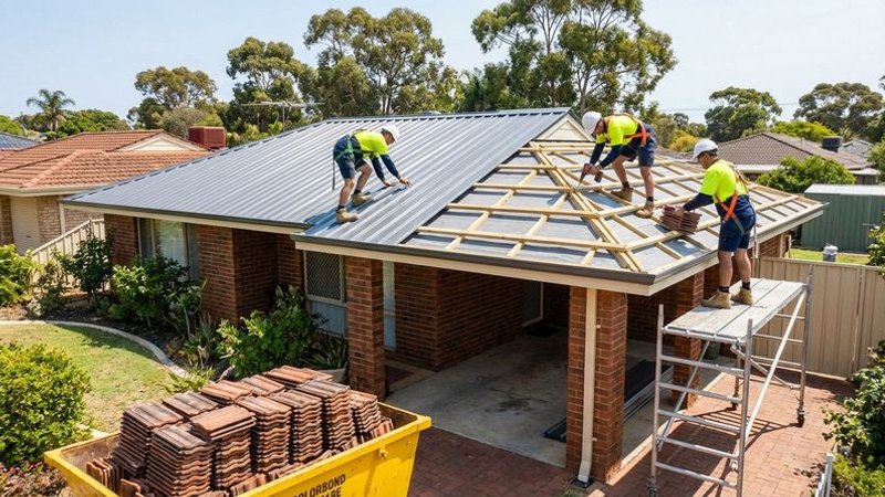 Professional roofing team completing a full roof replacement on a Perth suburban home with scaffolding in place