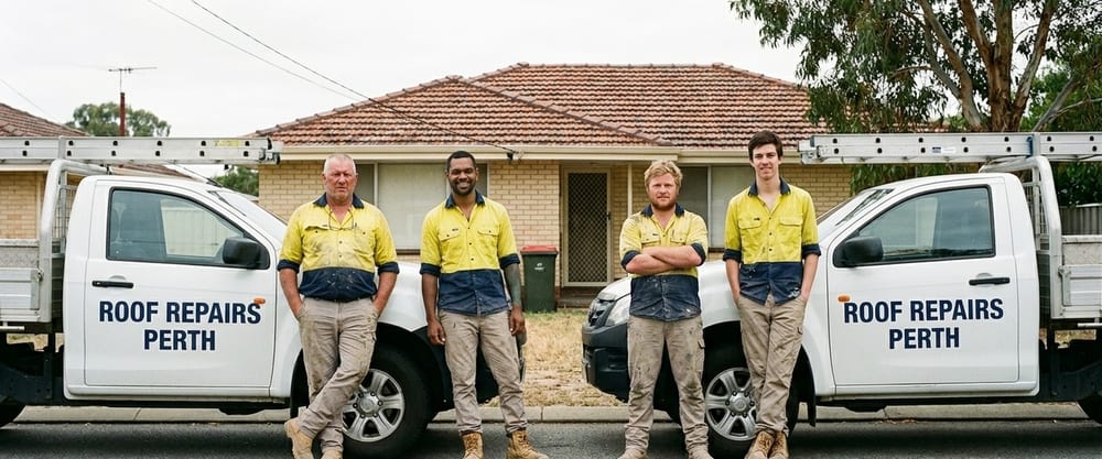The four-man Roof Repairs Perth crew standing in front of two branded work utes on a Perth suburban street