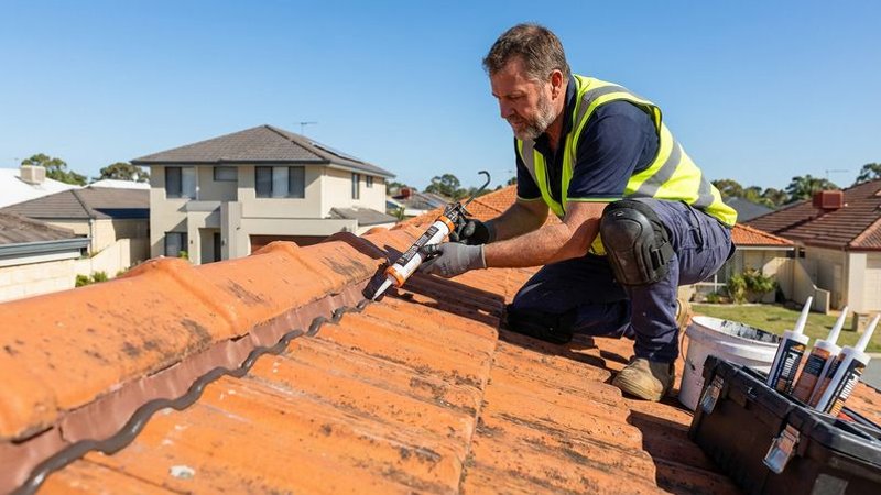 Roofer applying flexible pointing compound along ridge caps with a caulking tool on a Perth roof