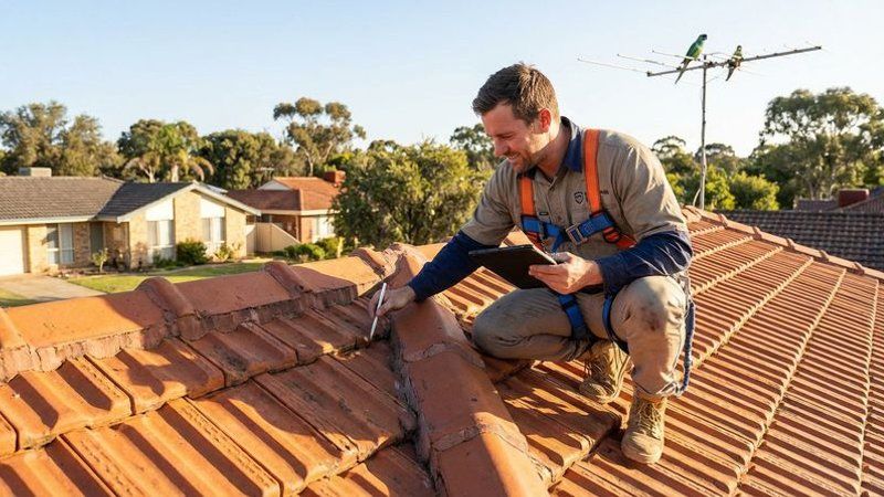 Professional roofer conducting a thorough spring inspection on a terracotta tiled roof in Perth suburbs