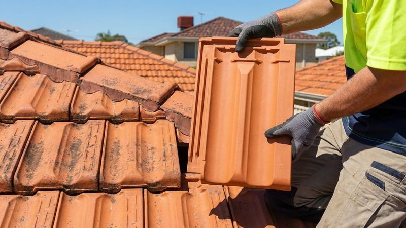 Roofer holding a perfectly matched replacement terracotta tile next to existing tiles on a Perth home for colour comparison