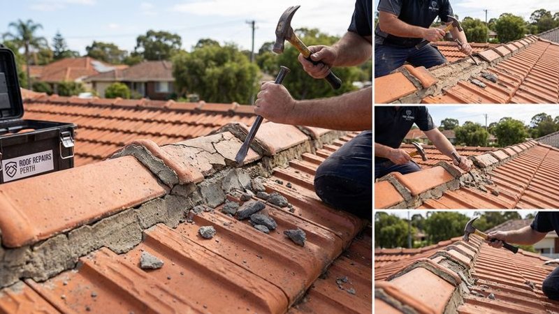 Roofer carefully removing old cracked pointing from ridge caps before applying new material