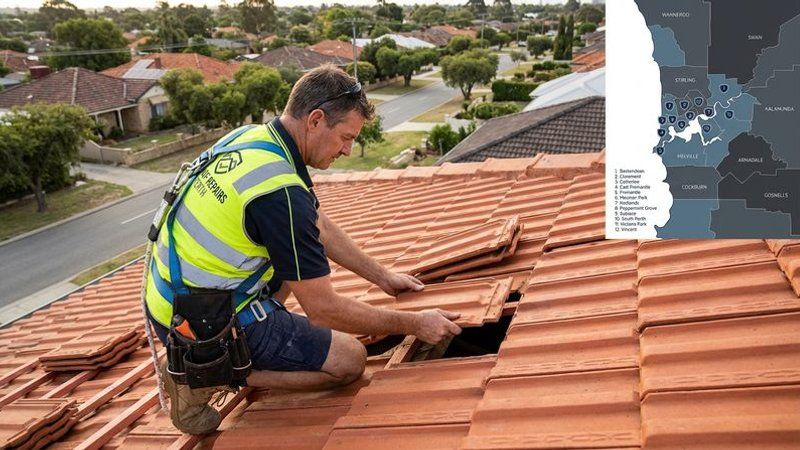 Roofer carefully replacing a broken concrete tile on a Perth residential roof during a repair visit