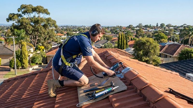 Roofer using professional leak detection equipment to trace water entry point on a Perth roof