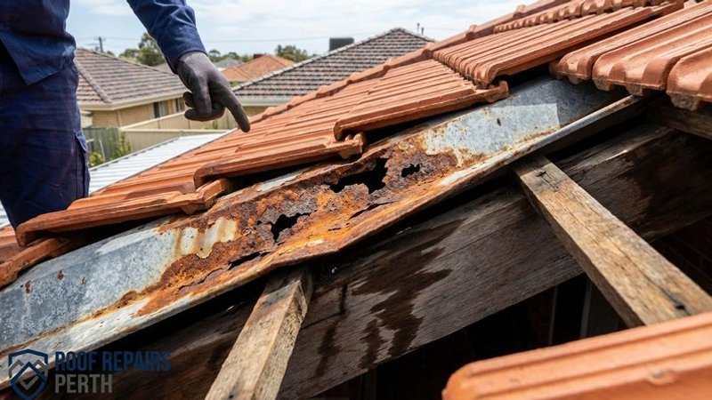 Rusted and corroded valley iron on an older Perth home showing holes and deterioration that allows water to enter the roof