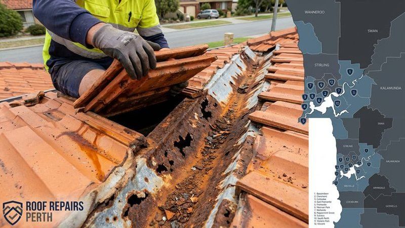 Rusted and corroded valley iron visible beneath lifted tiles on a Perth residential tiled roof