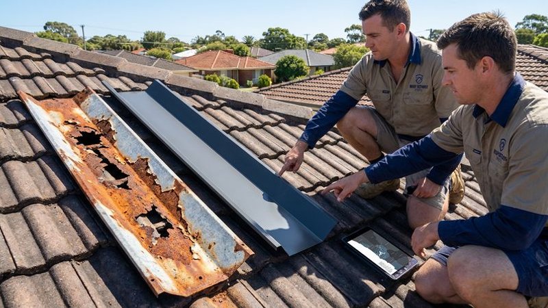 Side-by-side comparison of old rusted galvanised valley iron and new Colorbond replacement valley on a Perth rooftop