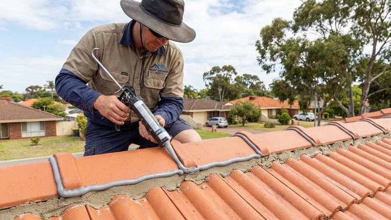 Skilled roof plumber applying flexible pointing compound along ridge caps on a suburban Perth roof during a sunny day