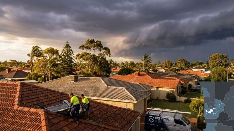 Dark storm clouds gathering over Perth suburban rooftops as severe weather approaches during winter storm season