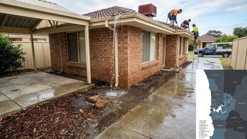 Water overflowing from blocked gutters pooling at the base of a Perth home foundation wall
