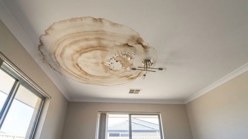 Water stain spreading across a white ceiling indicating a hidden roof leak above