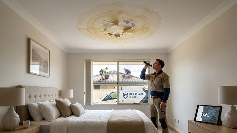 Water stain spreading across white ceiling plaster from a roof leak caused by broken tiles in Perth